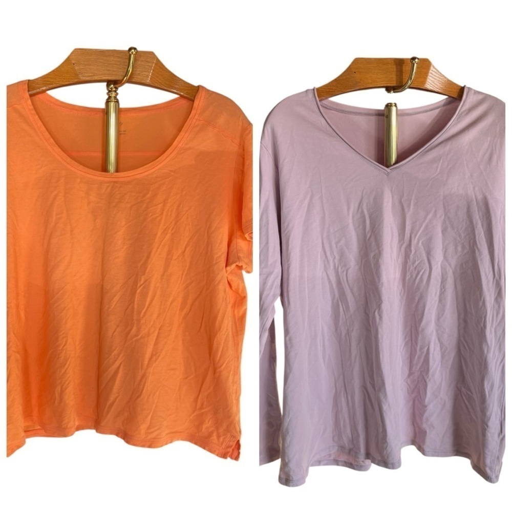 J. Jill Lot of Two Tees Vibrant Orange Whisper Cotton And Purple Rolled V-neck